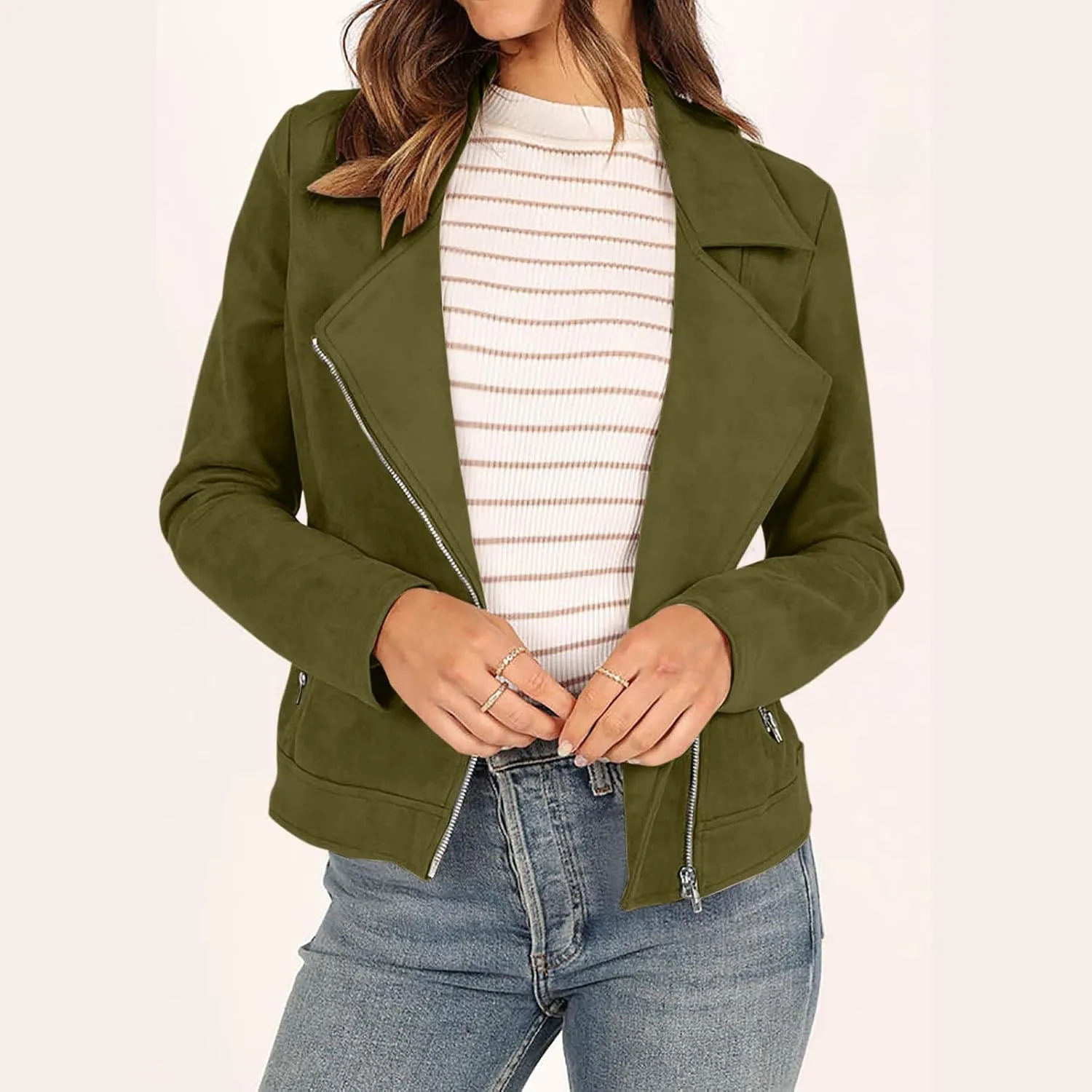 2023 Womens Trendy Coats Fall Biker Moto Jacket Fashion Long Sleeve Zipper Short Casual Coat Streetwear Cropped Outwear