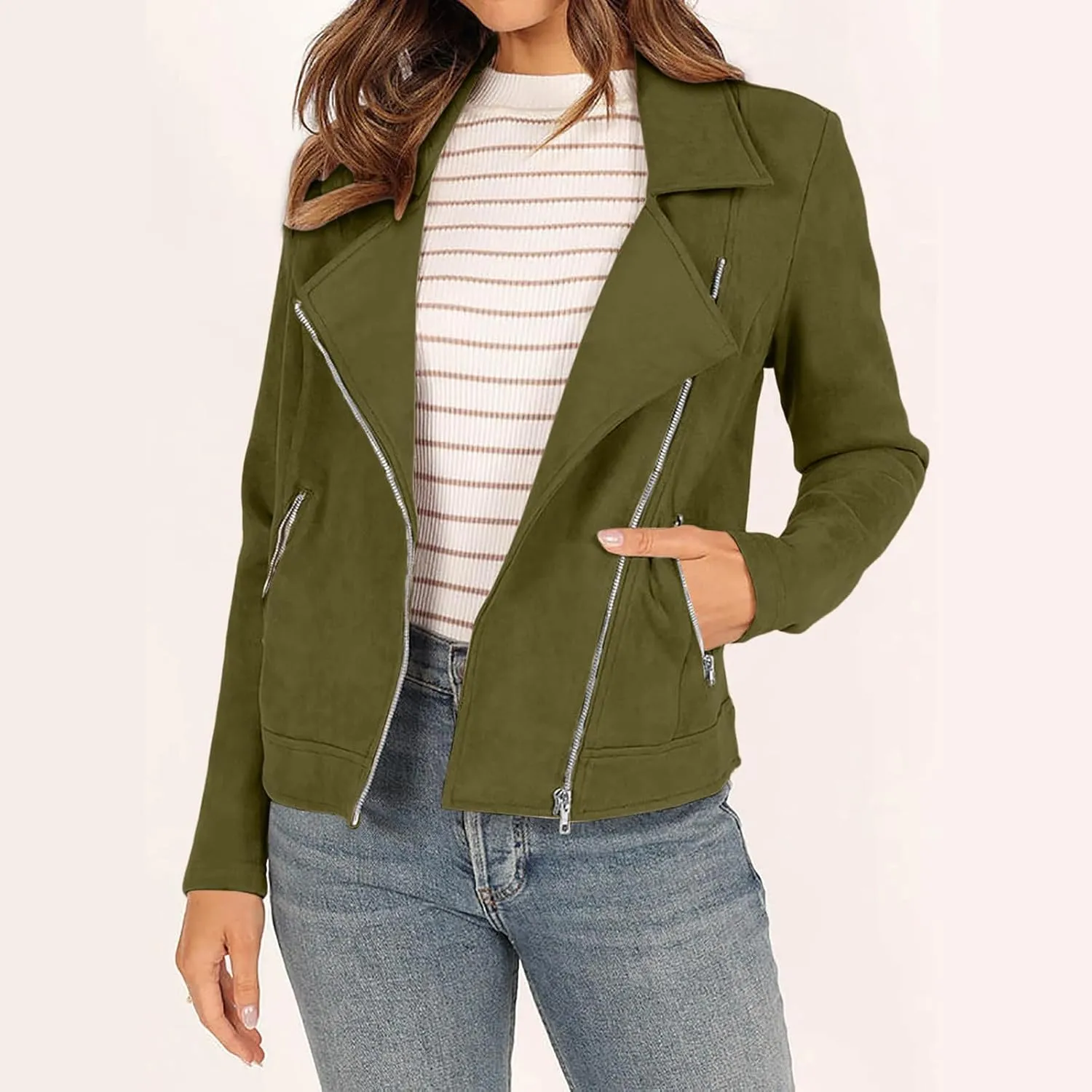 2023 Womens Trendy Coats Fall Biker Moto Jacket Fashion Long Sleeve Zipper Short Casual Coat Streetwear Cropped Outwear