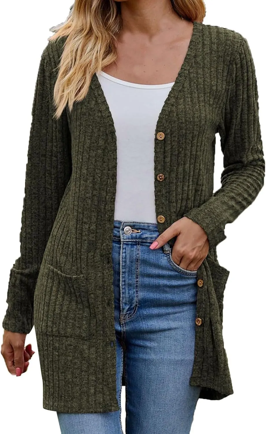 2024 Fall Cardigan Sweaters for Women Fashion Open Front Cardigan Coat Casual Solid Knit Outerwear with Pockets