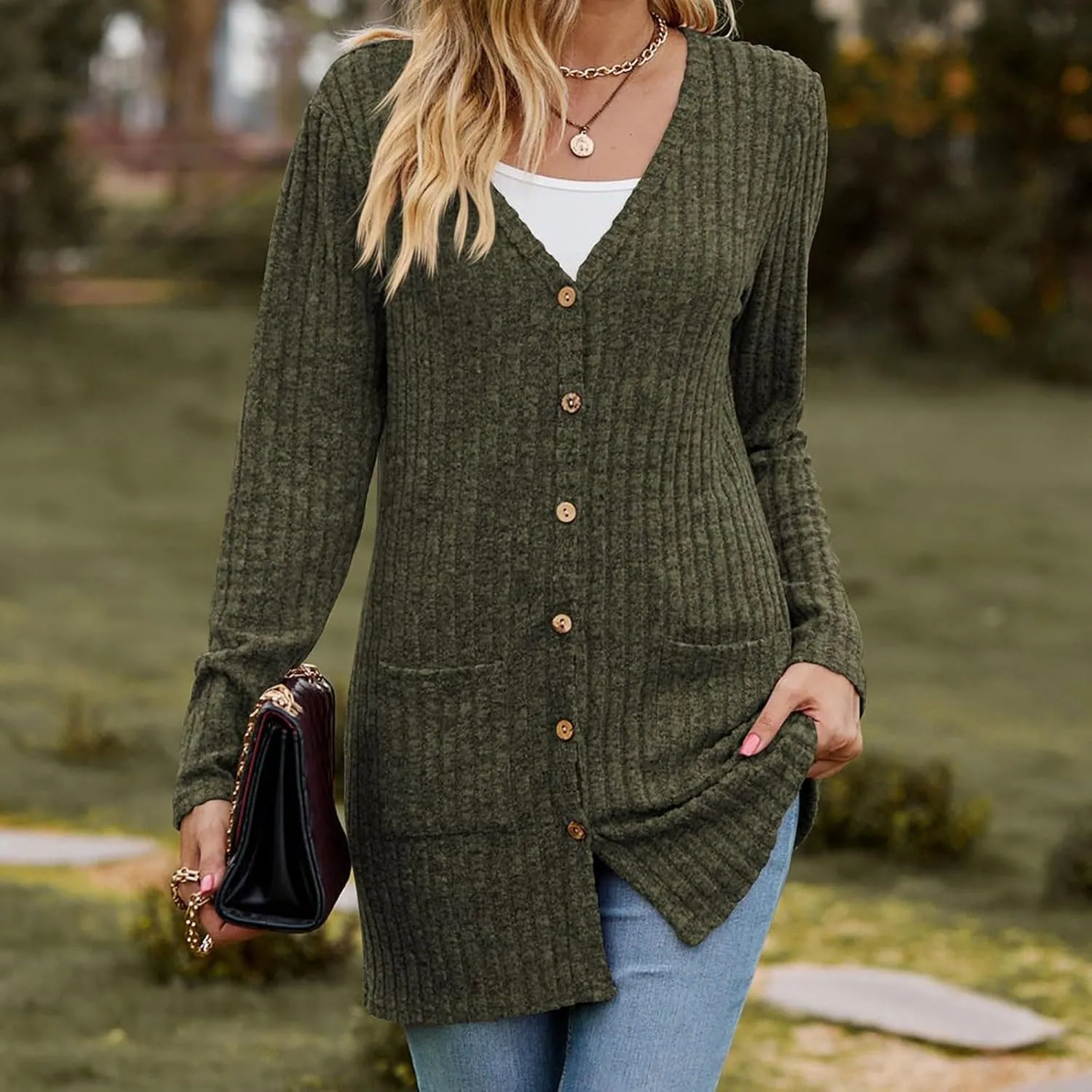 2024 Fall Cardigan Sweaters for Women Fashion Open Front Cardigan Coat Casual Solid Knit Outerwear with Pockets