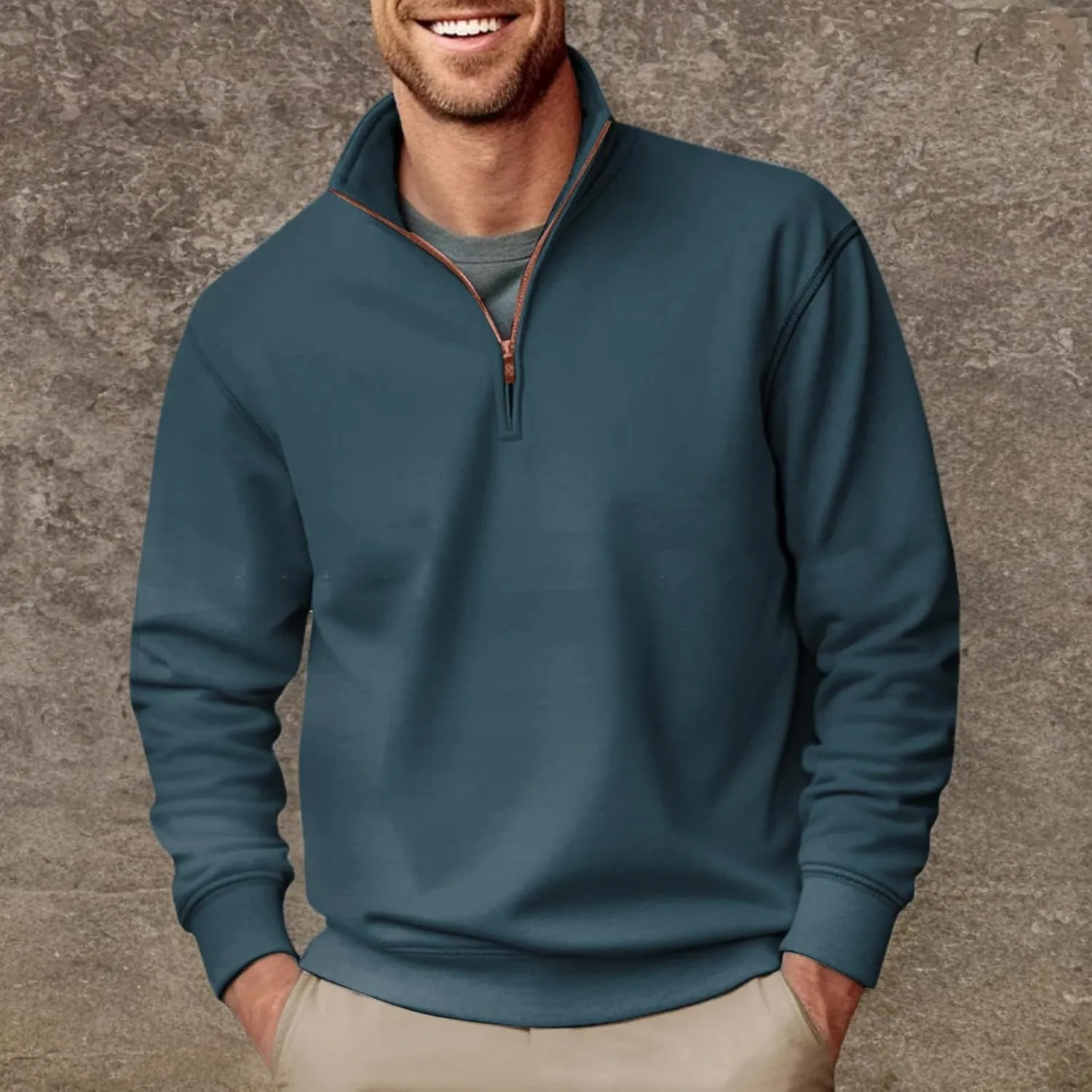 2024 Men's 3/4 Zip Pullover Long Sleeved Fashion Slim Fit Top High Collar Cotton Sweatshirt Lightweight Workout Shirt
