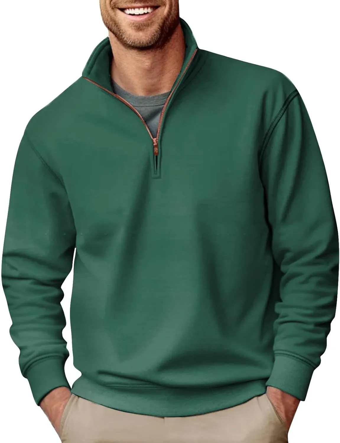 2024 Men's Quarter-Zip Pullover Long Sleeved Fashion Slim Fit Top High Collar Sweatshirt Lightweight Workout Shirt