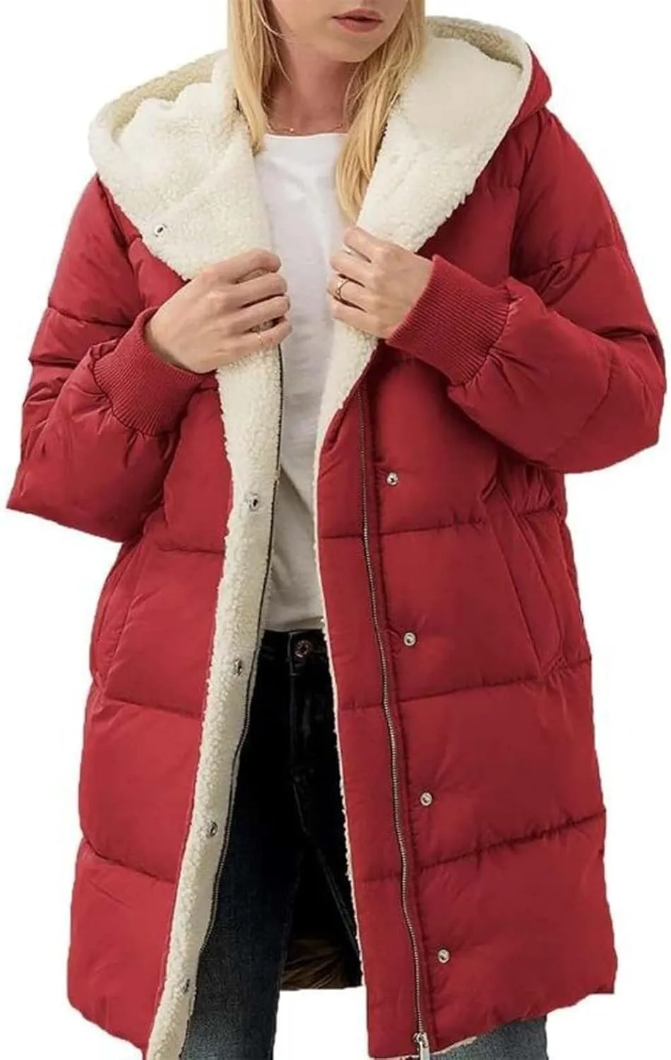 2024 Women's Winter Puffer Coat Thickened Down Jacket Warm Long Down Hood Fleece Lined Long Hooded Puffer Jacket