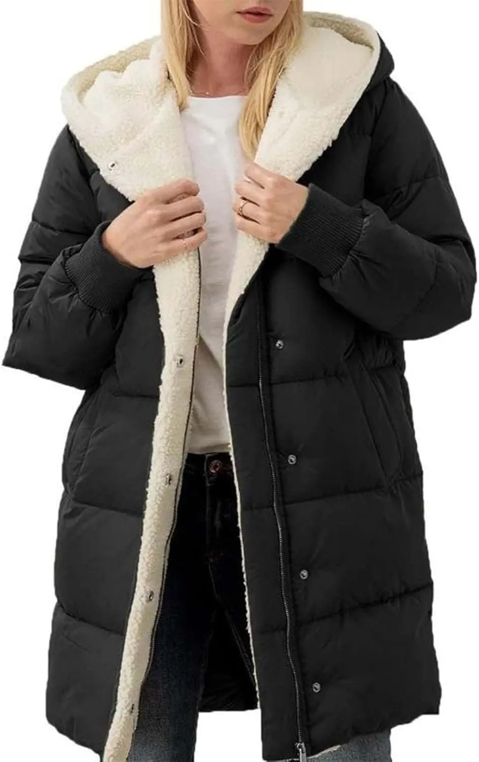 2024 Women's Winter Puffer Coat Thickened Down Jacket Warm Long Down Hood Fleece Lined Long Hooded Puffer Jacket