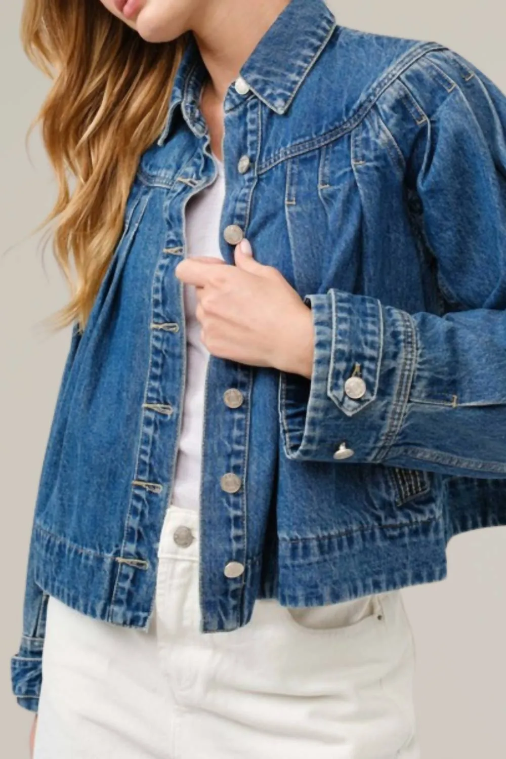 Aaron & Amber - Pleated Denim Jacket with stitch detail