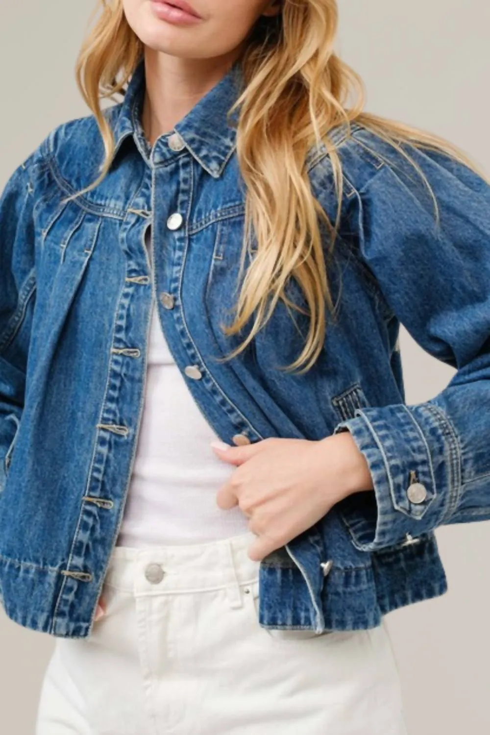Aaron & Amber - Pleated Denim Jacket with stitch detail