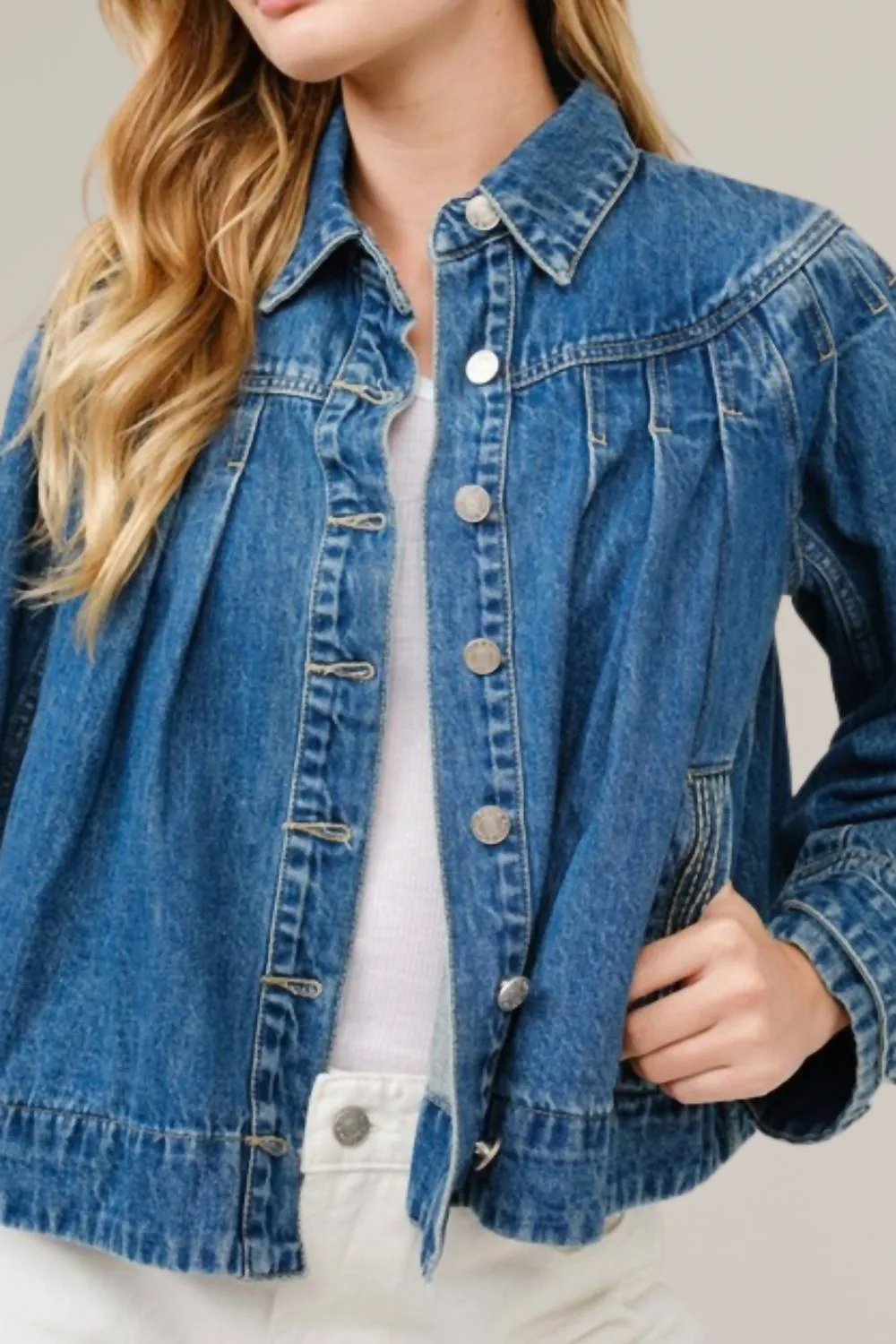 Aaron & Amber - Pleated Denim Jacket with stitch detail