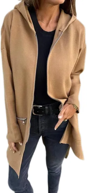 Akivide Casual Long Sleeve Zip Up Long Hooded Jacket Womens Zip Up Hoodies Long Sleeve Loose Coat with Pockets