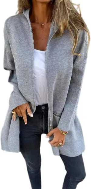 Akivide Casual Long Sleeve Zip Up Long Hooded Jacket Womens Zip Up Hoodies Long Sleeve Loose Coat with Pockets