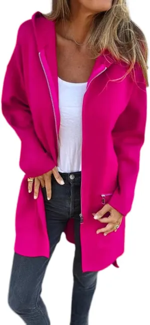 Akivide Casual Long Sleeve Zip Up Long Hooded Jacket Womens Zip Up Hoodies Long Sleeve Loose Coat with Pockets