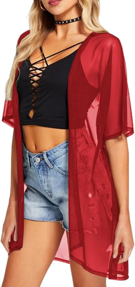 BelleLovin Sheer Cardigans for Women Half Sleeve Open Front Mesh Kimono Coverups