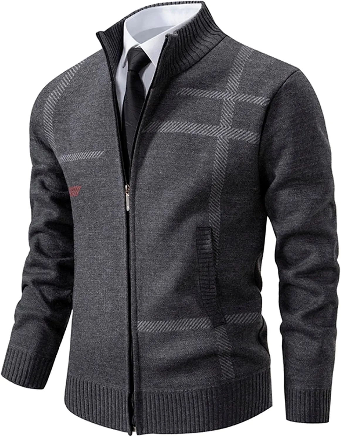 BIFUTON Mens Cardigan Sweater, Men's Full Zip Cardigan Sweater Slim Fit Cable Knitted Stand Collar Sweater Fleece Lined Coats