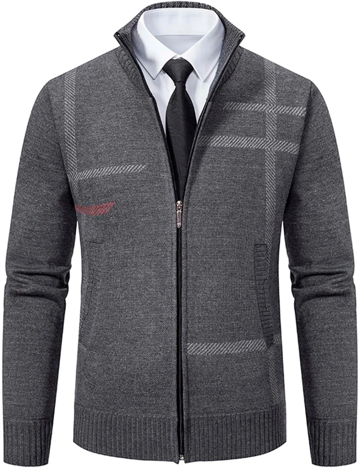 BIFUTON Mens Cardigan Sweater, Men's Full Zip Cardigan Sweater Slim Fit Cable Knitted Stand Collar Sweater Fleece Lined Coats