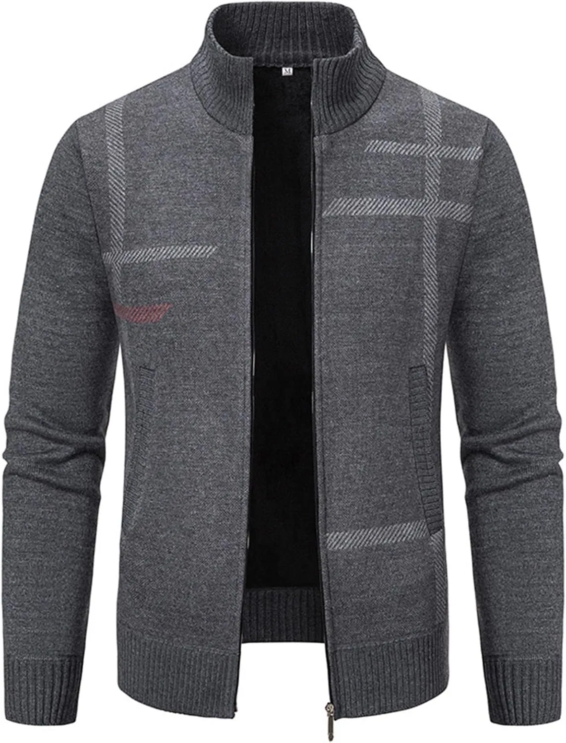 BIFUTON Mens Cardigan Sweater, Men's Full Zip Cardigan Sweater Slim Fit Cable Knitted Stand Collar Sweater Fleece Lined Coats