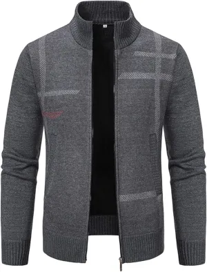 BIFUTON Mens Cardigan Sweater, Men's Full Zip Cardigan Sweater Slim Fit Cable Knitted Stand Collar Sweater Fleece Lined Coats