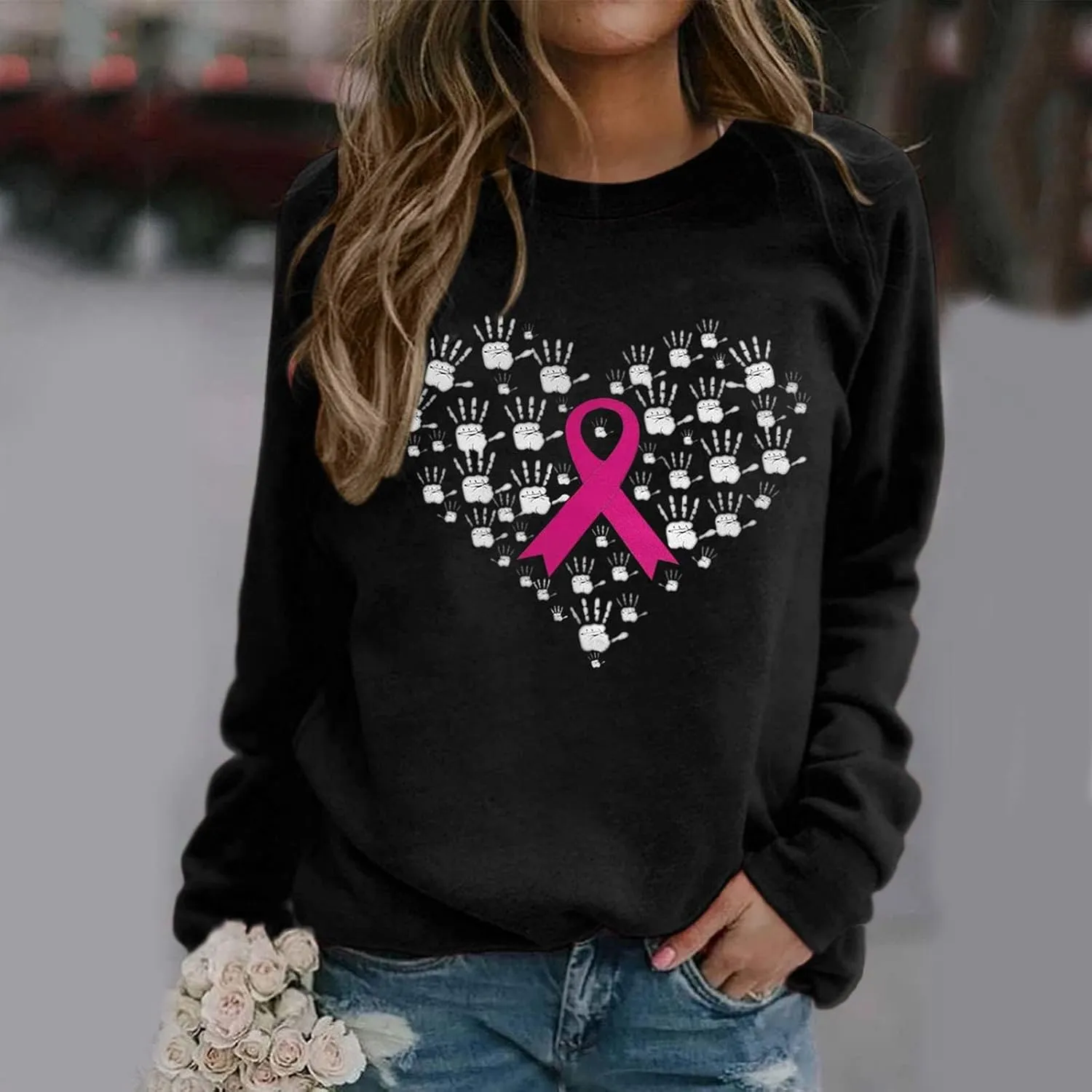 Breast Cancer Awareness Sweatshirt for Women Pink Ribbon Crewneck Long Sleeve Loose Tops Fall Trendy Pullover Clothes