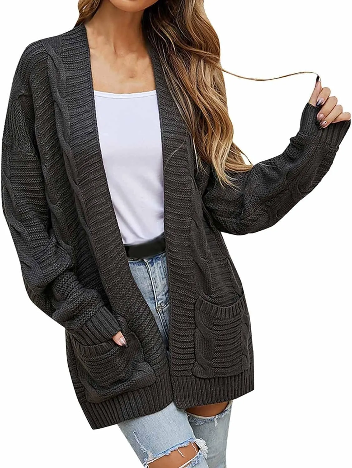 Cable Knit Cardigan Women Trendy Oversized Chunky Cardigan Sweaters Long Sleeve Open Front Cardigan with Pockets