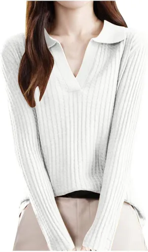 Cable Knit Sweater for Women Turn Down Collar Sweater Long Sleeve V Neck Blouse Soft Casual Top Warm Basic Tops