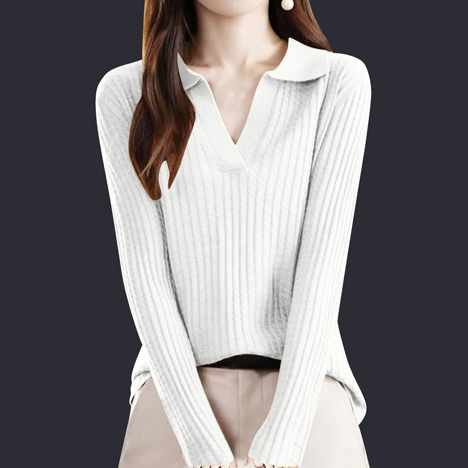 Cable Knit Sweater for Women Turn Down Collar Sweater Long Sleeve V Neck Blouse Soft Casual Top Warm Basic Tops