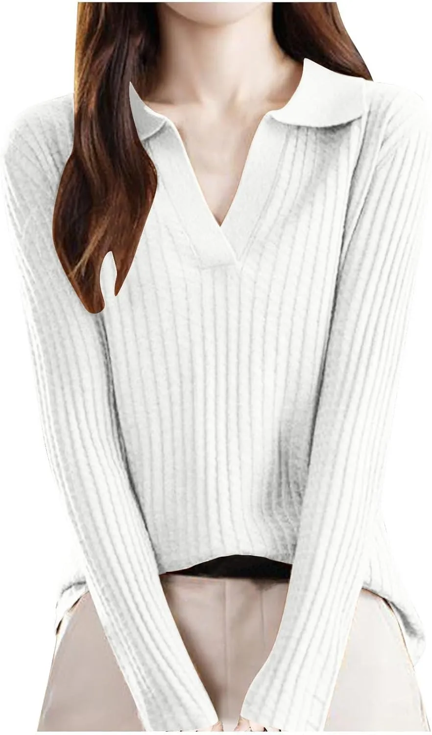 Cable Knit Sweater for Women Turn Down Collar Sweater Long Sleeve V Neck Blouse Soft Casual Top Warm Basic Tops
