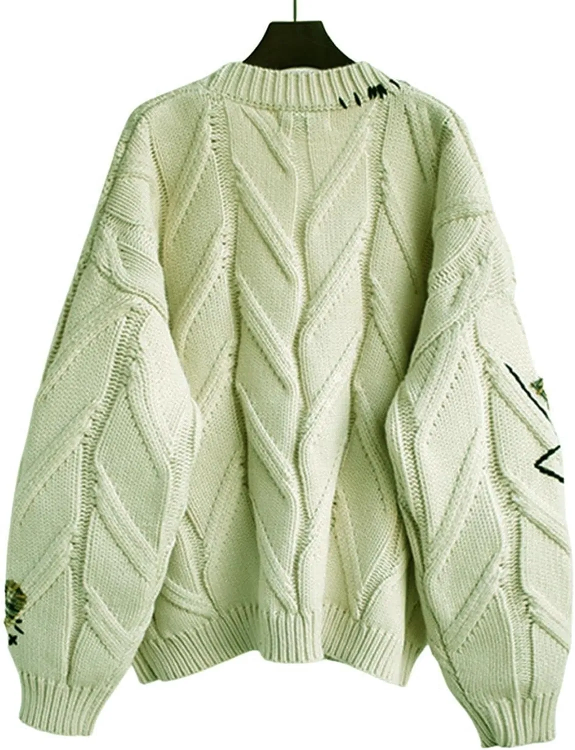 Cable Knit Sweater Women Open Front Cardigan Sheep V-Neck Button Down Long Sleeve Embroidery Wool Blend Sweaters Coat