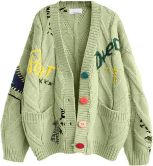 Cable Knit Sweater Women Open Front Cardigan Sheep V-Neck Button Down Long Sleeve Embroidery Wool Blend Sweaters Coat