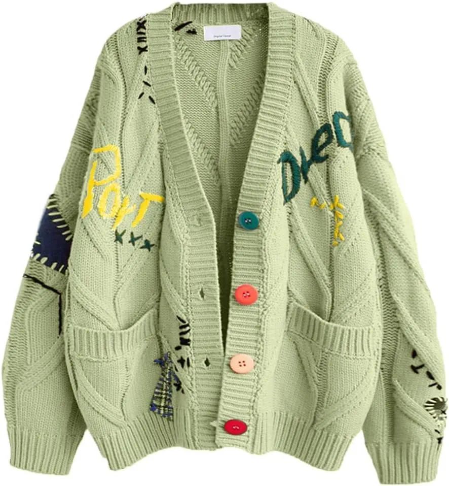 Cable Knit Sweater Women Open Front Cardigan Sheep V-Neck Button Down Long Sleeve Embroidery Wool Blend Sweaters Coat