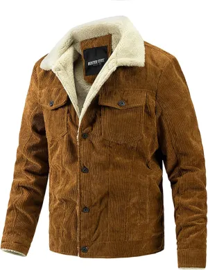 Canbebig Men's Corduroy Sherpa Trucker Jacket Western Jackets Winter Fleece Lined Fur Collar Warm Cowboy Coat with Pockets