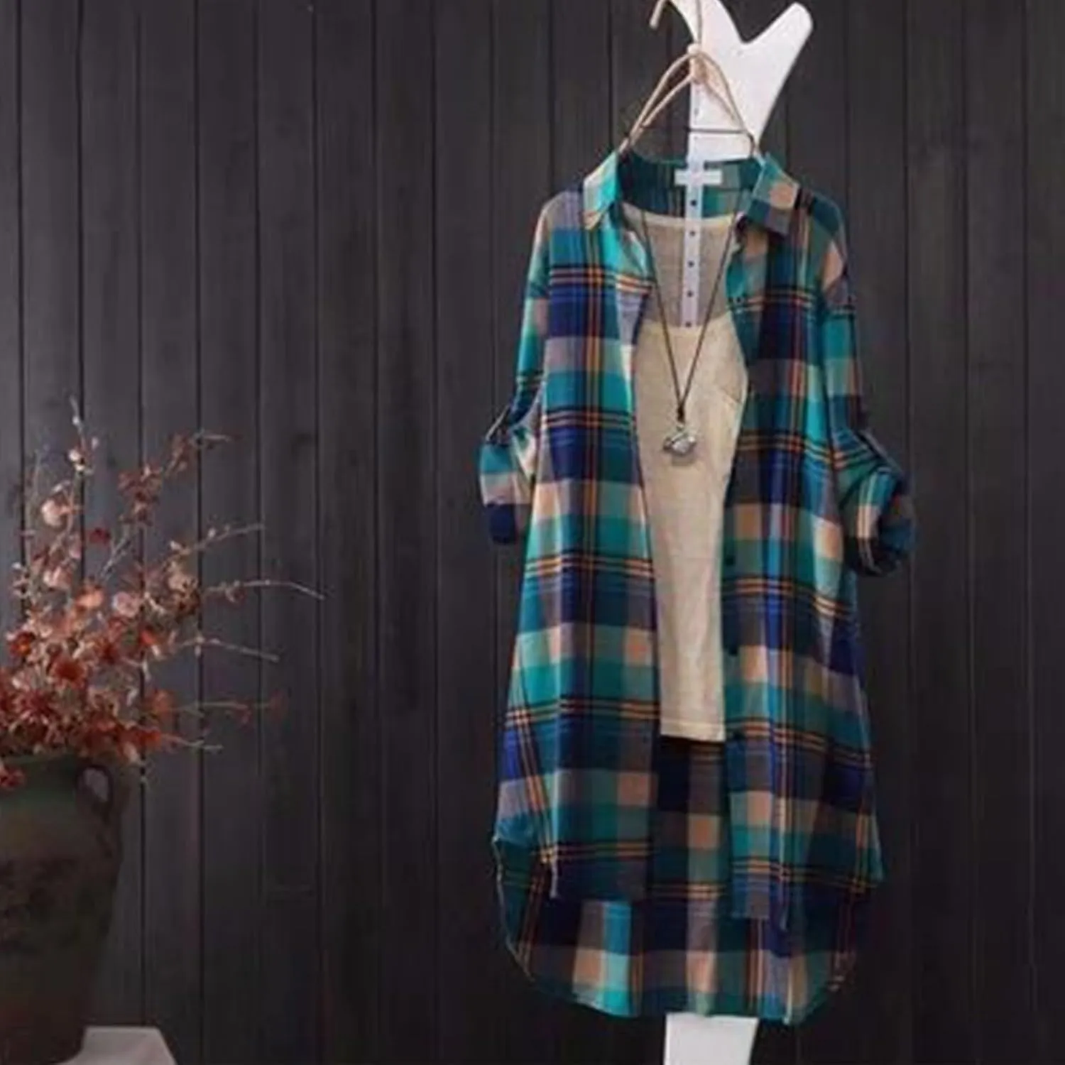 Cardigan for Women 2024 Plaid Print Tunic Tops Fall Fashion Plus Size Open Front Roll Up Sleeve Button Down Shirts