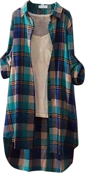 Cardigan for Women 2024 Plaid Print Tunic Tops Fall Fashion Plus Size Open Front Roll Up Sleeve Button Down Shirts
