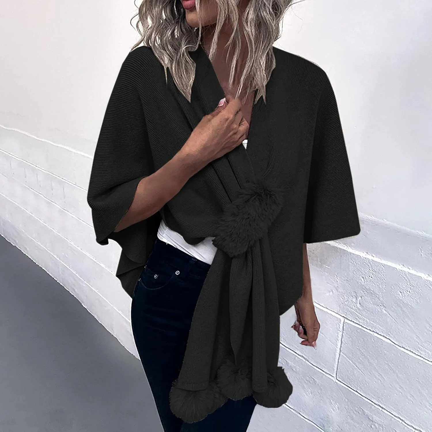Cardigan for Women Winter Cloak Shawl Wraps Faux Fur Pompoms Irregular Hem Cape Warm Open Front Knit Sweater Shawls