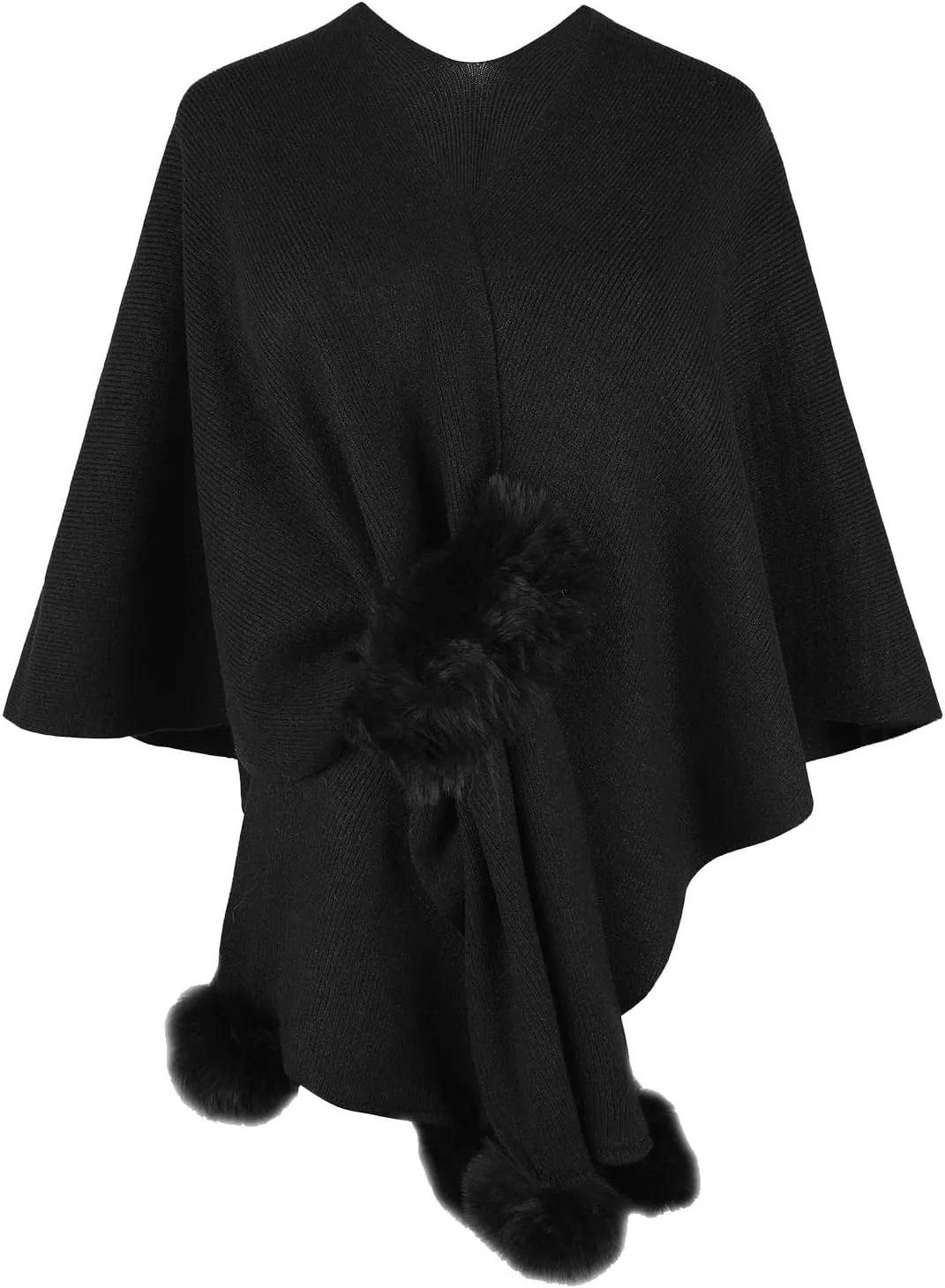 Cardigan for Women Winter Cloak Shawl Wraps Faux Fur Pompoms Irregular Hem Cape Warm Open Front Knit Sweater Shawls