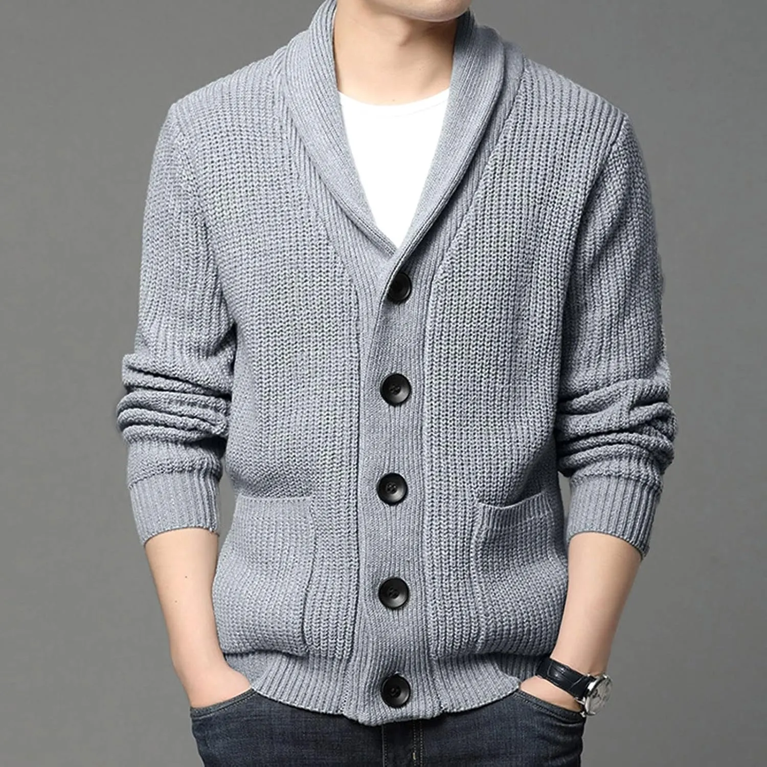 Cardigan Sweater Tops for Men, Button Down Long Sleeve Knitted Loose Fit Top Fall Retro Big and Tall Sportswear