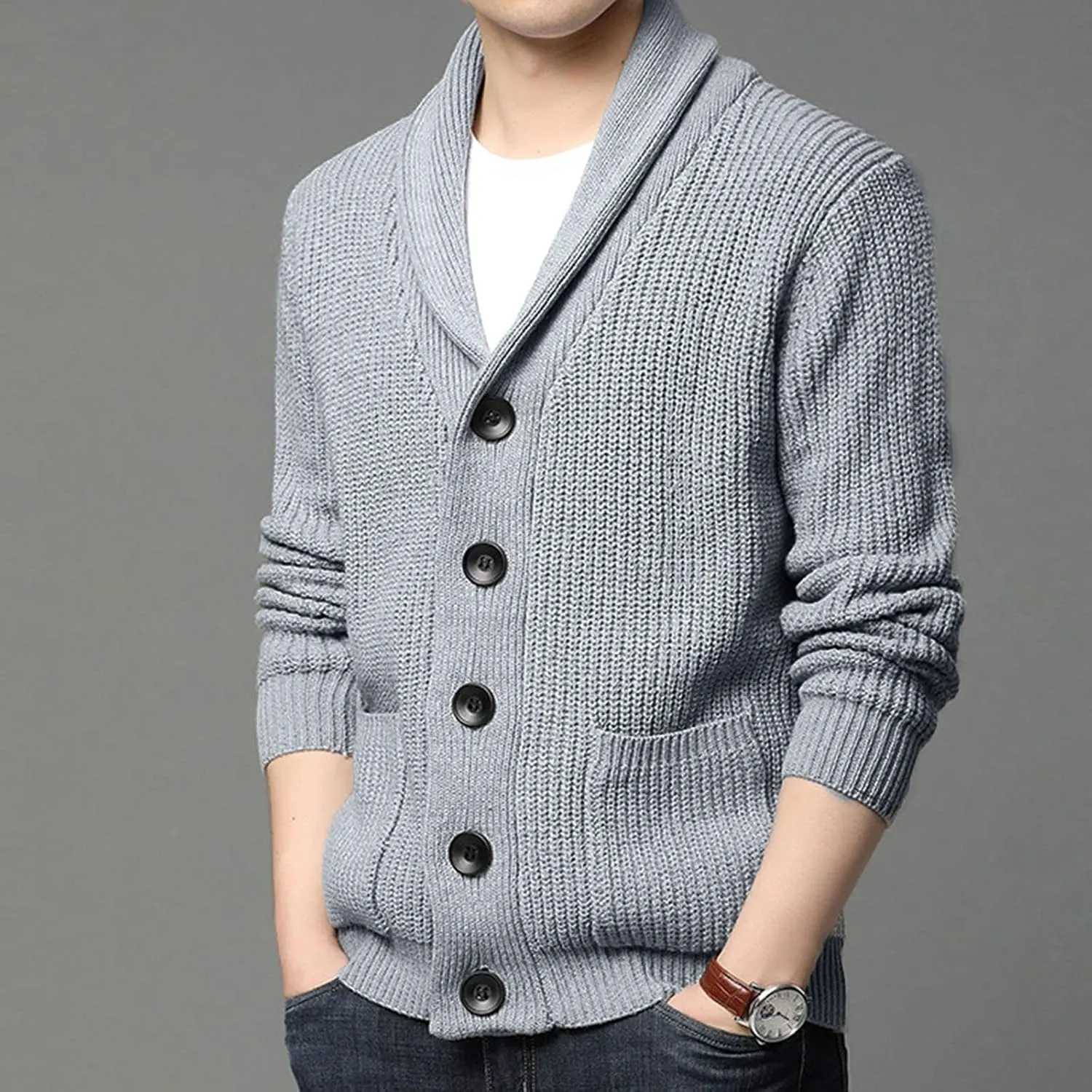 Cardigan Sweater Tops for Men, Button Down Long Sleeve Knitted Loose Fit Top Fall Retro Big and Tall Sportswear