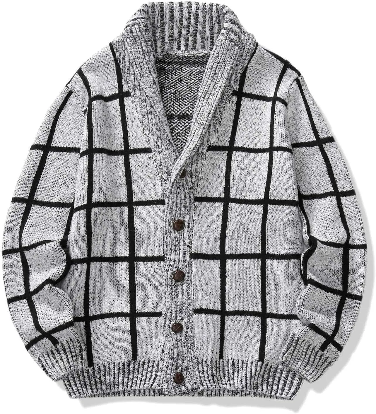 Cardigan Sweaters for Men Plaid Button Down Sweater Ruffle Shawl Collar Cardigan Vintage Open Front Sweater
