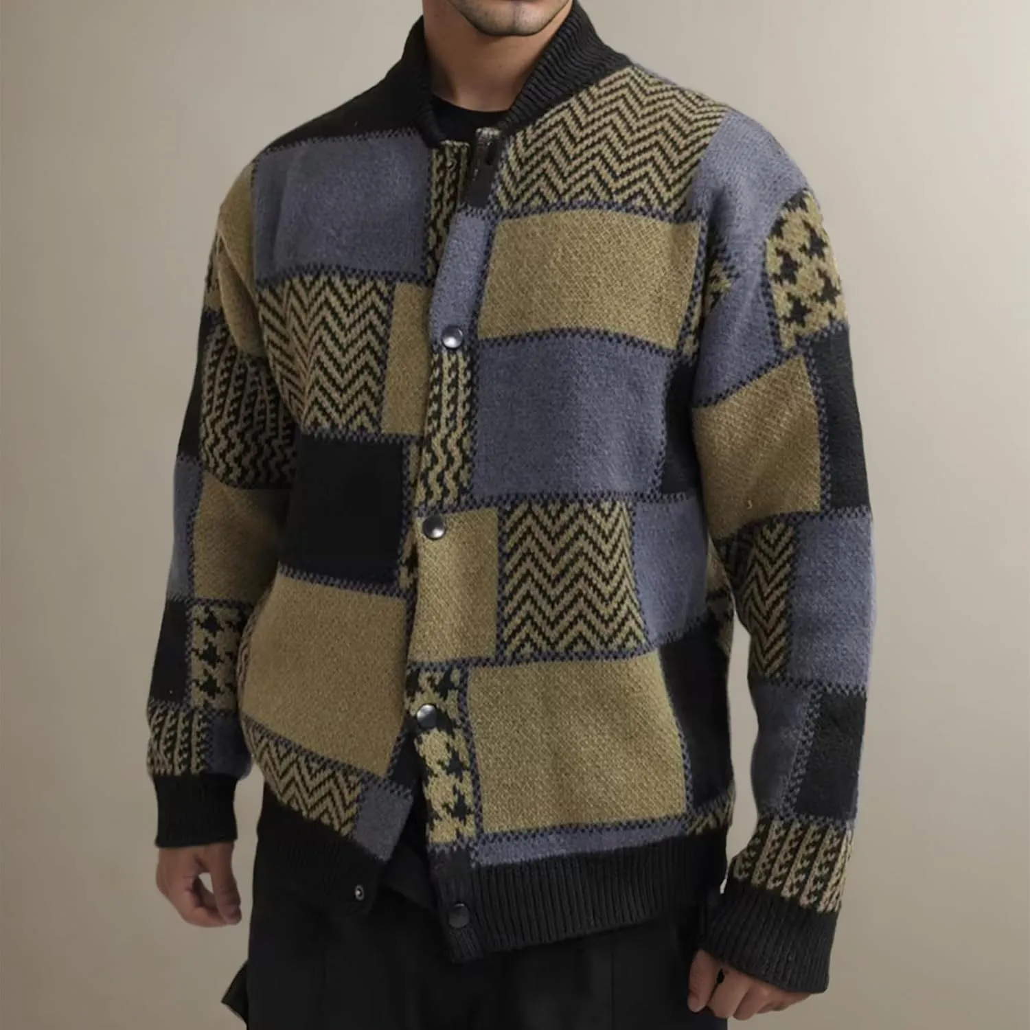 Cardigan Sweaters for Men Plaid Button Down Sweater Ruffle Shawl Collar Cardigan Vintage Open Front Sweater