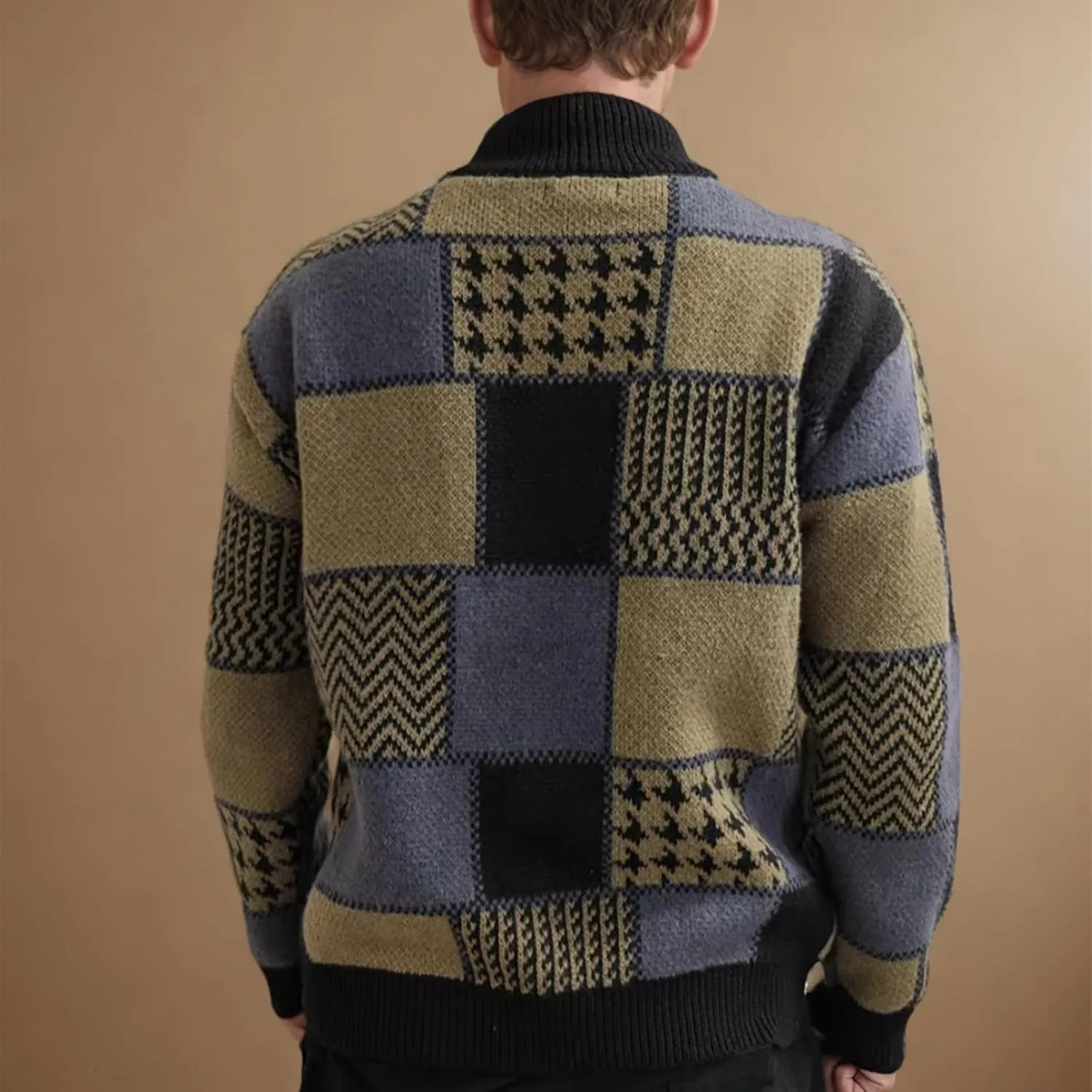 Cardigan Sweaters for Men Plaid Button Down Sweater Ruffle Shawl Collar Cardigan Vintage Open Front Sweater