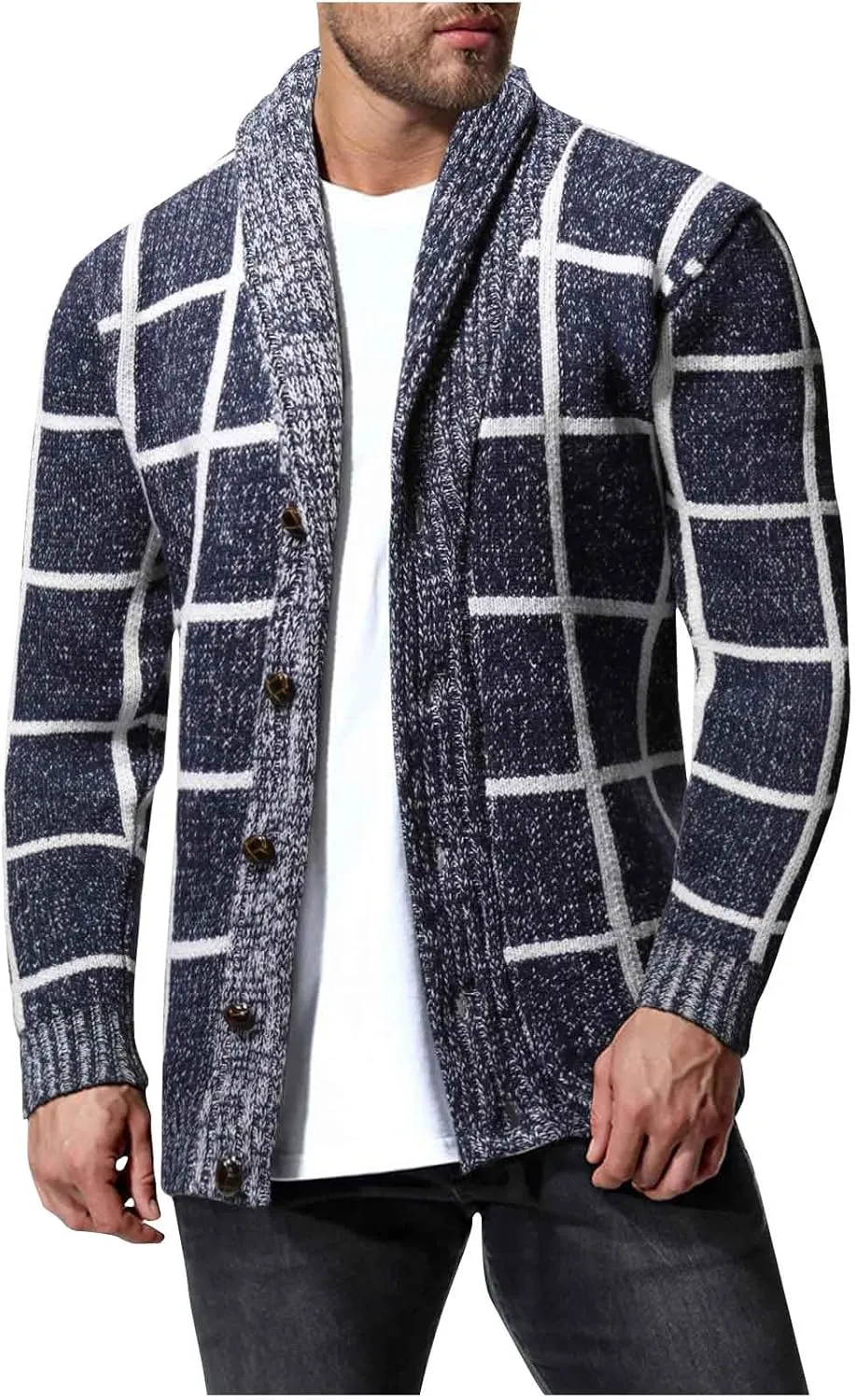 Cardigan Sweaters for Men Plaid Button Down Sweater Ruffle Shawl Collar Cardigan Vintage Open Front Sweater