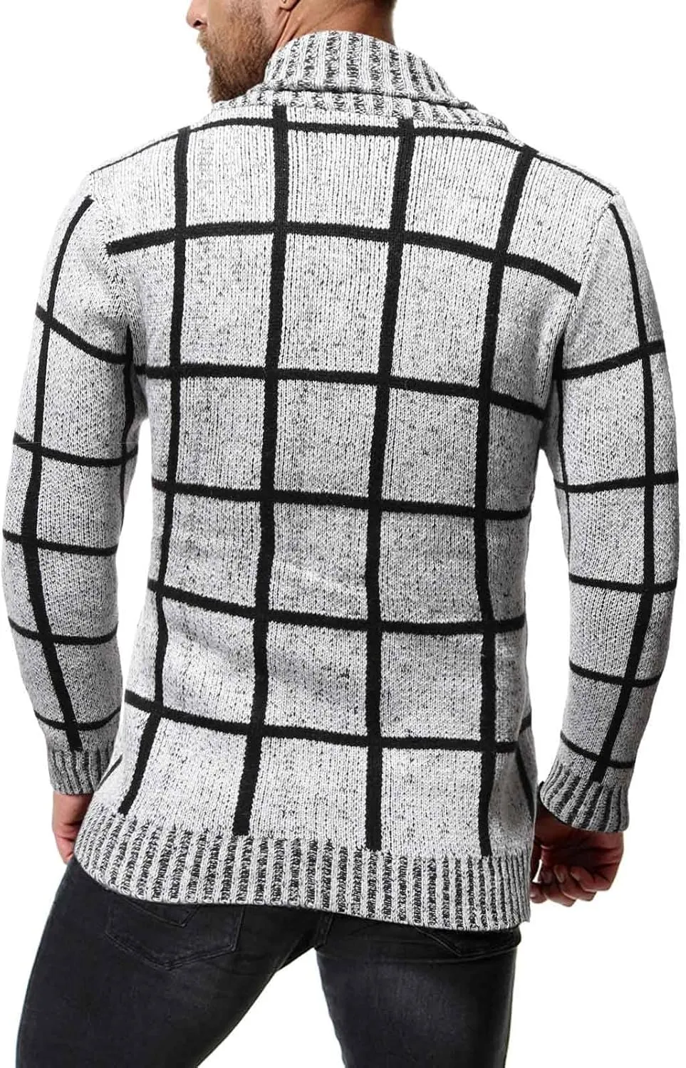 Cardigan Sweaters for Men Plaid Button Down Sweater Ruffle Shawl Collar Cardigan Vintage Open Front Sweater