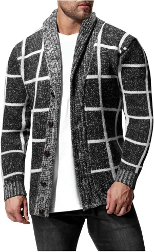 Cardigan Sweaters for Men Plaid Button Down Sweater Ruffle Shawl Collar Cardigan Vintage Open Front Sweater