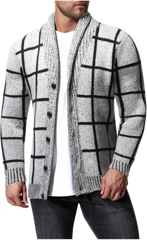 Cardigan Sweaters for Men Plaid Button Down Sweater Ruffle Shawl Collar Cardigan Vintage Open Front Sweater