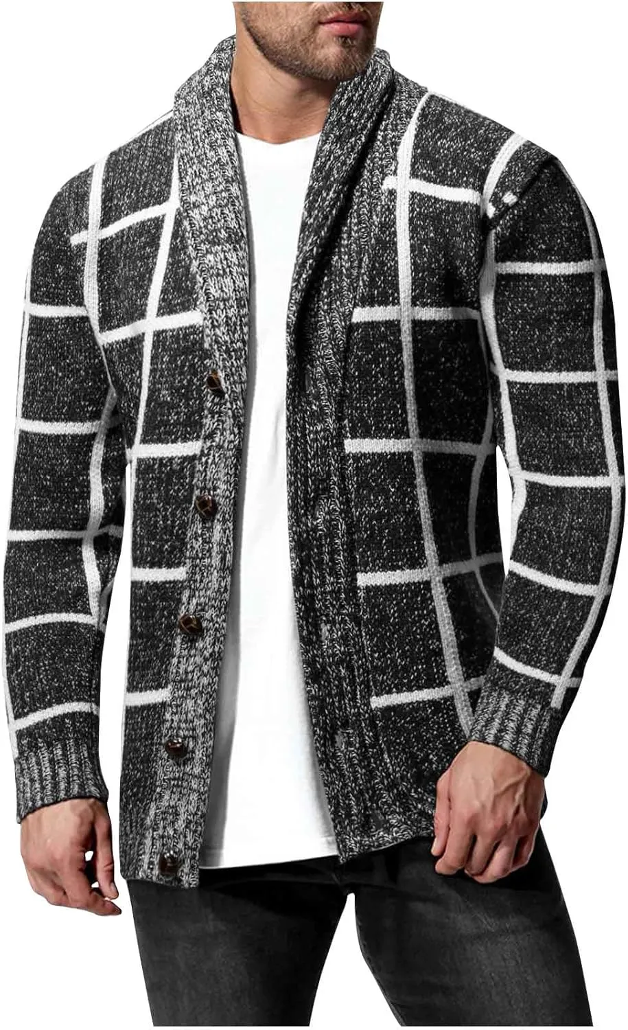 Cardigan Sweaters for Men Plaid Button Down Sweater Ruffle Shawl Collar Cardigan Vintage Open Front Sweater