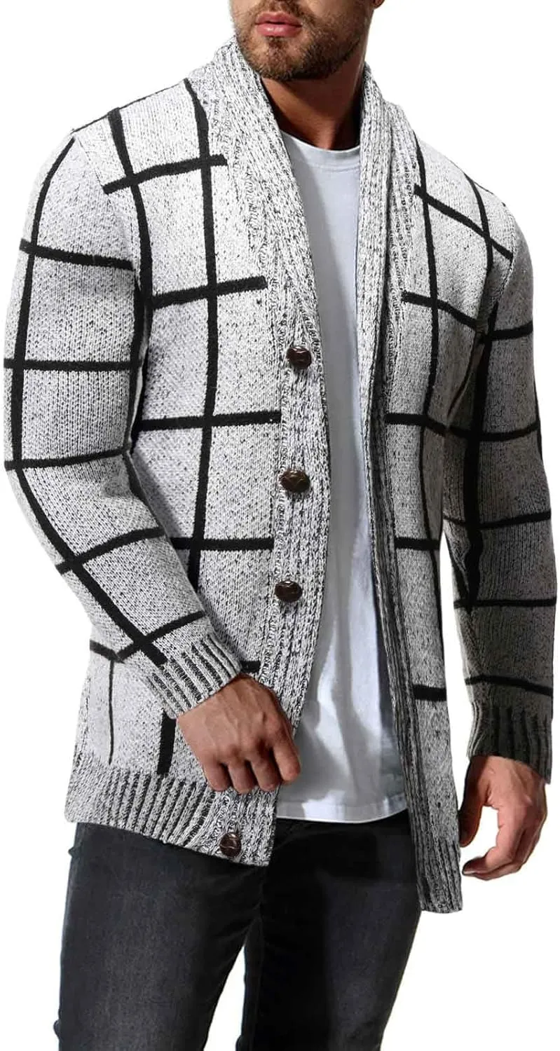 Cardigan Sweaters for Men Plaid Button Down Sweater Ruffle Shawl Collar Cardigan Vintage Open Front Sweater
