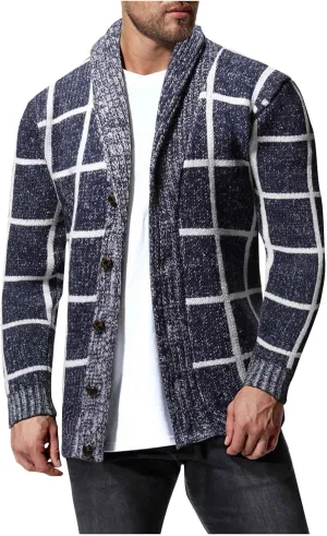 Cardigan Sweaters for Men Plaid Button Down Sweater Ruffle Shawl Collar Cardigan Vintage Open Front Sweater