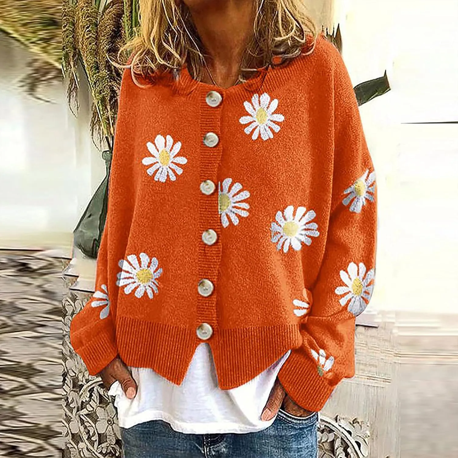 Cardigan Sweaters for Women Crew Neck Button Long Sleeve Cardigansopen Front Ruffle Loose Fall Outfits Clothes