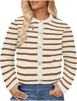 Cardigan Sweaters for Women Cropped Striped Open Front Long Sleeve Casual Crew Neck Outerwear Coats 2024 Fall