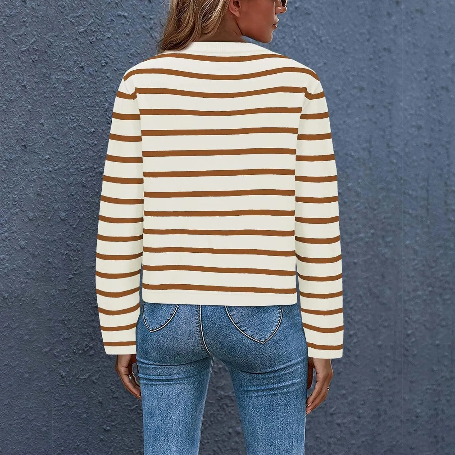 Cardigan Sweaters for Women Cropped Striped Open Front Long Sleeve Casual Crew Neck Outerwear Coats 2024 Fall