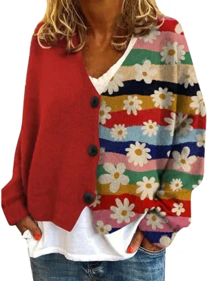 Cardigan Sweaters for Women Fall Casual Floral Printed Long Sleeve Button V-Neck Open Front Lightweight Loose Outwear