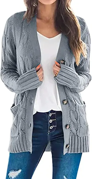 Cardigan Sweaters for Women Open Front Cardigan Sweater Fashion Button Knit Chunky Outwear Plus Size Coats Pocket