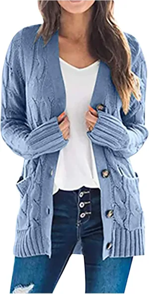 Cardigan Sweaters for Women Open Front Cardigan Sweater Fashion Button Knit Chunky Outwear Plus Size Coats Pocket